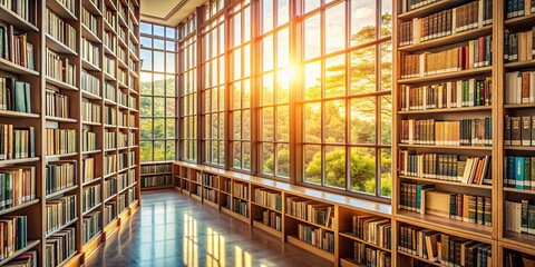 Soft natural light filtering through large windows onto neatly arranged rows of books in a serene library setting, books