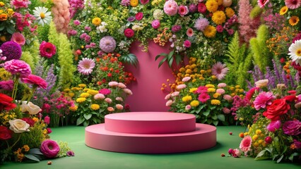 Fototapeta premium Vibrant pink platform surrounded by lush colorful flowers and greenery, providing ample space for product placement against a clean background.