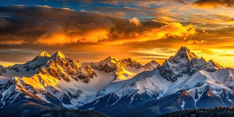 Sunrise casting a golden glow over snow-capped mountains, Sunrise, mountains, snow-capped, peaks, sunlight, dawn, horizon - Powered by Adobe