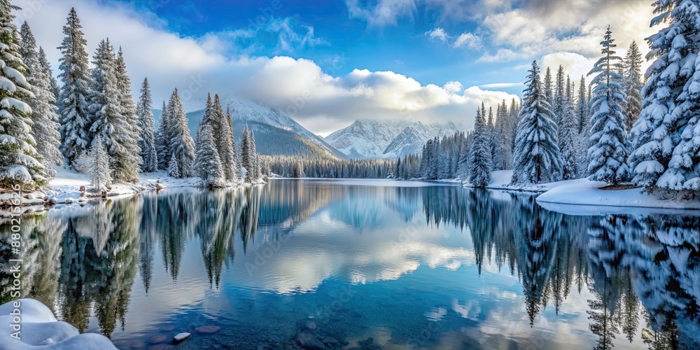 Sticker Snow-covered mountain lakes surrounded by pine trees and a winter wonderland landscape, winter, frozen, cold, scenic