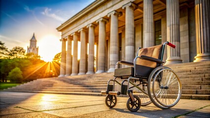 Fototapeta premium Sunny outdoor scene with a empty wheelchair positioned in front of a majestic stone columned building with a rolled up diploma lying on its seat.