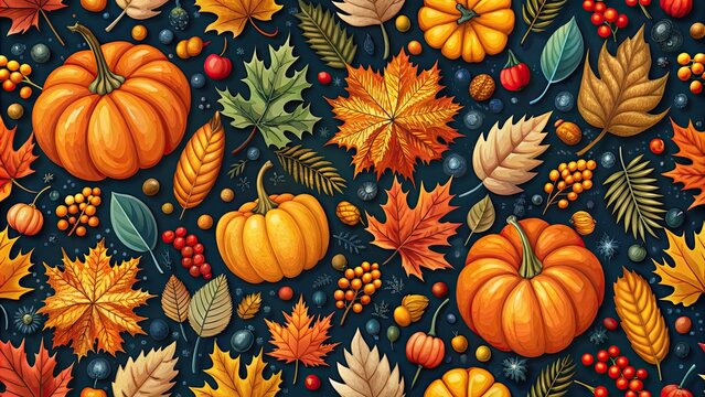 Seamless autumn pattern with colorful leaves, pumpkins, and berries on a dark background, fall, seasonal, design