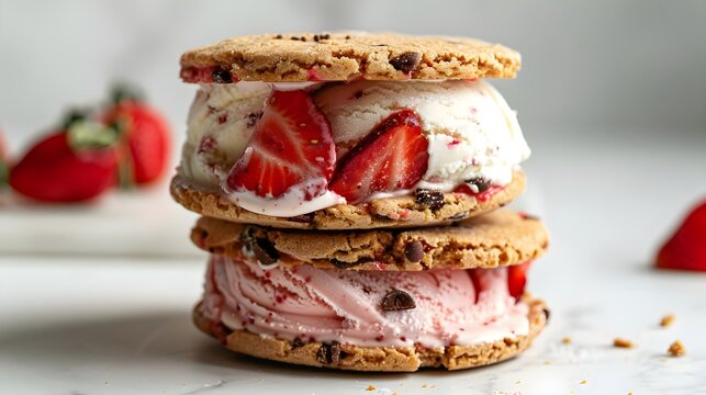 Strawberries and cream Cookie ice cream sandwich on a white background - Powered by Adobe