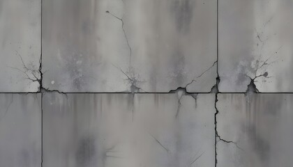 A gray concrete wall with several cracks and water damage