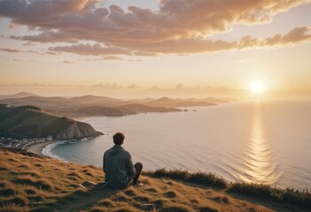Fototapeta premium Person Sitting on Hill Overlooking Coastal Landscape at Sunrise. Serene ocean view with copy space
