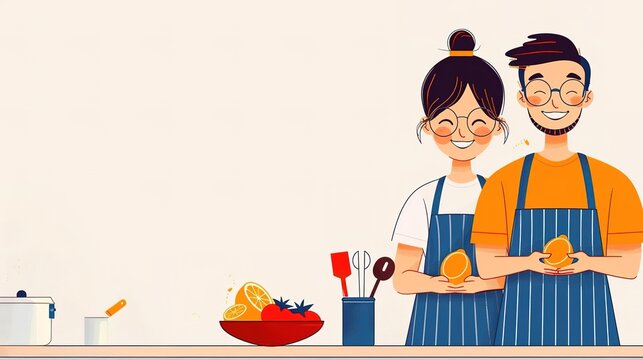 Happy couple in aprons cooking together in the kitchen.