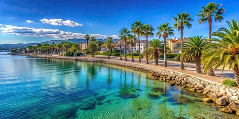 Obraz premium Scenic town surrounded by palm trees and crystal blue waters in Hy?res les Palmiers, Var , Hy?res les Palmiers