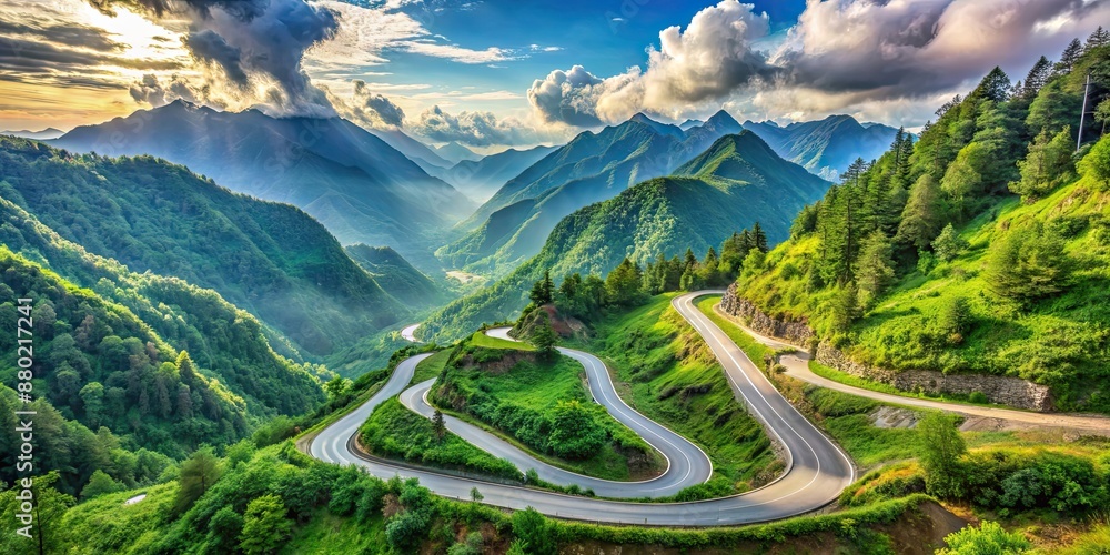 Wall mural Scenic mountain road with breathtaking views of lush greenery and winding paths , Mountains, Road, Nature, Scenic