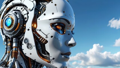 Female Robot Head with Sky Background.