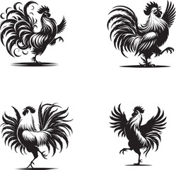 Chicken, Hen icons isolated on white and black backgrounds. Hen silhouette with grunge texture. Vintage poultry farm icon. Chicken template for meat store, grocery, butcher shop. Vector illustration