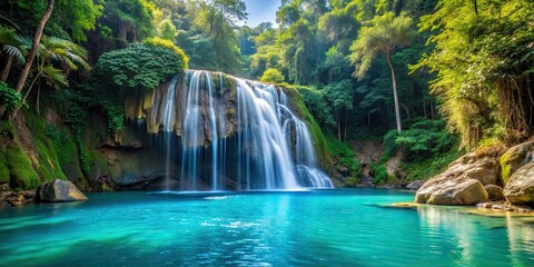 Tropical waterfall cascading into azure pool , tropical, waterfall, cascade, rocks, cliffs, sunlight, shimmering