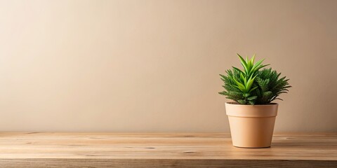Still life of green plant on wooden table against beige background in minimalist style, green plant