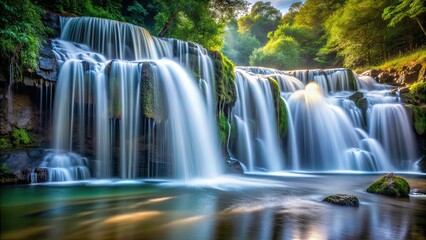 Obraz premium Waterfall captured in long exposure, creating a smooth and dreamy effect, waterfall, long exposure, nature, flowing water