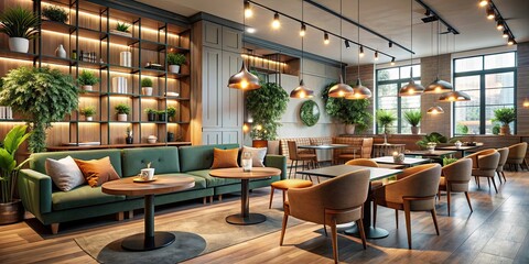 Fototapeta premium Stylish lounge cafe interior with modern furnishings and soft lighting, elegant, lounge, cafe, interior, modern