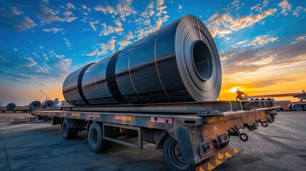 Steel Coil Transportation at Sunset