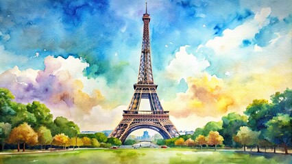Obraz premium Watercolor painting of the Eiffel Tower in Paris, France, watercolor, painting, Eiffel Tower, Paris, France, art