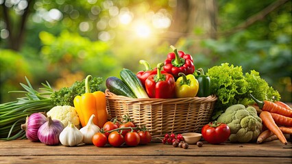 Still life arrangement of fresh vegetables against a backdrop of nature videos, still life