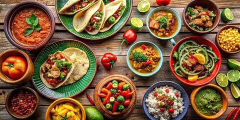 Fototapeta premium Variety of traditional Mexican dishes served on a table , Tacos, Burritos, Quesadillas, Chili, Fajitas, Tortillas, Salsa, Guacamole