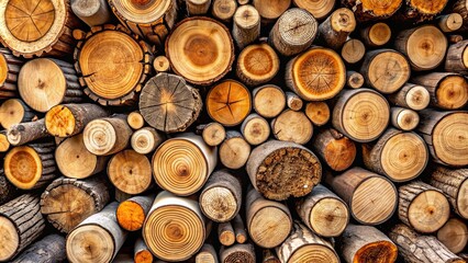 Fototapeta premium Various types of wood logs in different shapes and sizes, wood logs, timber, forest, natural, raw, lumber, firewood, organic, texture