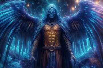 Dark angel of death with glowing wings and skeletal face