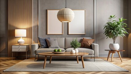 Stylish living room with mock-up poster, wooden coffee table, and ball lamp , elegant, comfort, focal point