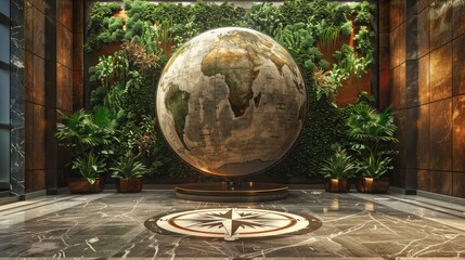 A corporate lobby with a large, interactive globe installation, surrounded by a green wall with plants from each continent and a floor with a compass rose design