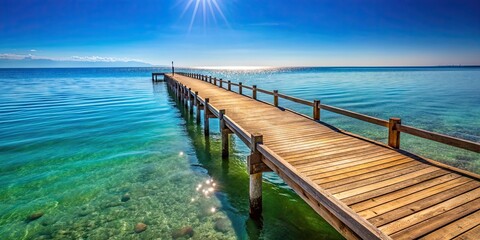 Fototapeta premium Wooden pier stretching out into the calm ocean waters on a sunny day , pier, beach, wooden, ocean, water, calm, sunset