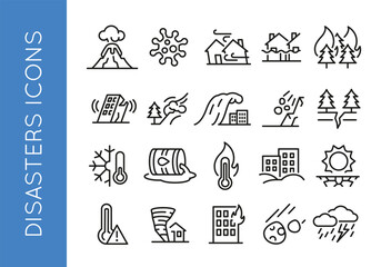 Disasters icons. Set of 20 disasters trendy minimal icons. Example: volcano, virus, flood, Tornado, fire icon. Design signs for web page, mobile app, packaging design. Vector illustration.