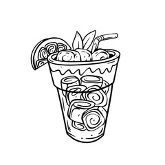 Illustration of a Refreshing Cocktail with Ice and Lemon Slice in Black and White