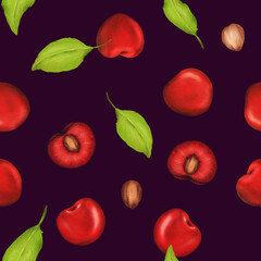 Seamless watercolor pattern with luscious cherries. Dark background. perfect for kitchen decor, recipes, textiles, jam labels, aprons, packaging, juices, cherry-flavored sweets, and gum wrappers
