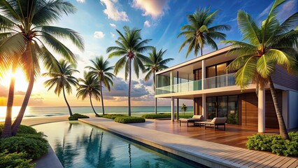Tranquil beachside villa with beautiful palm trees, beach, palm trees, villa, relaxation, serene, tropical, vacation