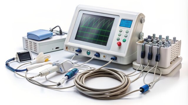 Modern medical devices including ECG sensors and blood pressure monitors with wires and electrodes on a white background.