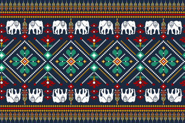 Traditional Ethnic Thai Elephant Pixel Art Seamless Pattern. Vector design for fabric, carpet, tile, embroidery, wrapping, wallpaper, and background
