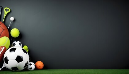 Various sports equipment, including a soccer ball, tennis ball, basketball, and other items, rest on green grass in front of a gray background