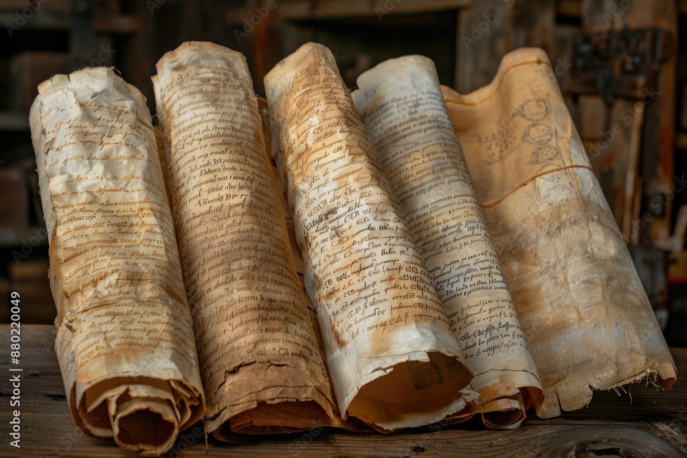 Aufkleber A stack of worn-out documents on a rustic wood surface, ideal for use in historical or nostalgic contexts