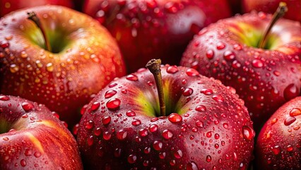 Vibrant close-up of red apples with water droplets , Fresh, dewdrops, juicy, farm, ripe, harvest, healthy, organic, natural