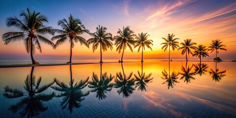 Obraz premium Serene tropical sunset with palm trees reflecting in infinity pool, tropical, sunset, palm trees, infinity pool