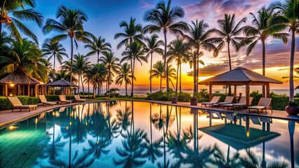 Tranquil twilight setting at a tropical resort poolside with palm trees and cabanas, Twilight, tropical resort