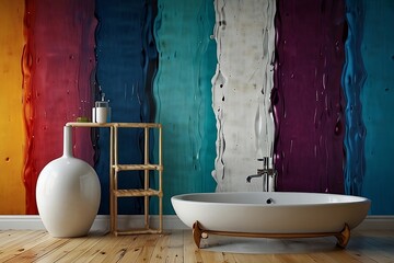 bathroom with white colour bathroom accessories and colourful wall paint