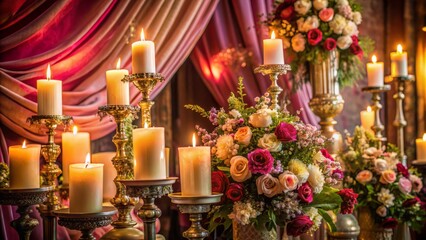 Elegant ornate candles with soft glowing flames stand upright on a decorative altar amidst lavish floral arrangements and velvet drapes.