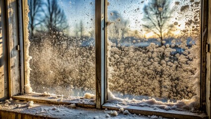 Fototapeta premium Grubby, snow-and-rain-speckled glass window with thick dirt and dust accumulation, obstructing clear outdoor visibility.