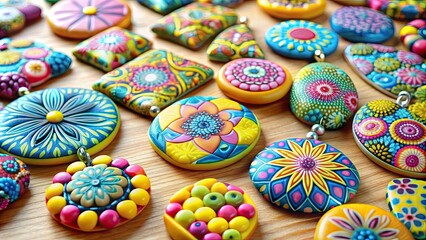 Fototapeta premium Top view of colorful patterned polymer clay jewelry pieces in yellow, pink, and blue on table , polymer clay