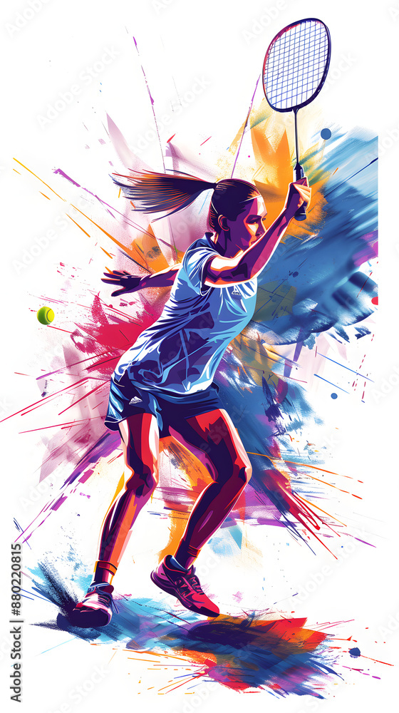 Poster badminton player hitting the shuttlecock