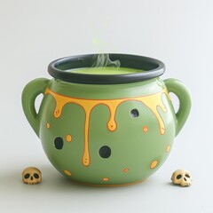 Green cauldron with bubbling potion, surrounded by skulls. Perfect for Halloween, magic, or fantasy themed concepts.