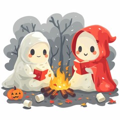 Obraz premium Cute Halloween ghosts in red and white cloaks, sitting by a campfire, surrounded by marshmallows and a pumpkin in a forest setting.