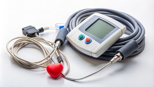 Close-up of worn Holter monitor with attached ECG sensors and blood pressure cuff lying on a white background.