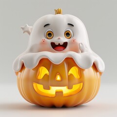 Fototapeta premium Cute ghost inside a glowing jack-o'-lantern pumpkin. Perfect for Halloween decorations and festive designs.