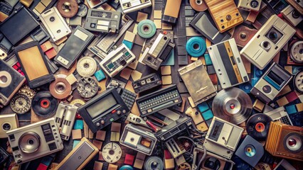 Retro nostalgic background filled with vintage video cassettes, compact discs, flip phones, and outdated computers in a messy heap.
