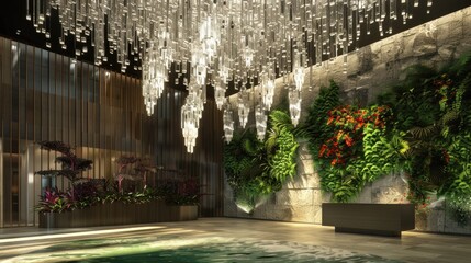 Obraz premium A modern office lobby with a ceiling of hanging, crystal chandeliers, casting prismatic light on a green wall with jewel-toned plants