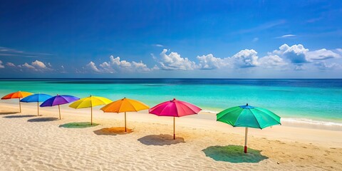 Fototapeta premium Sandy beach with turquoise water and colorful umbrellas , vacation, relaxation, sunbathing, paradise, ocean, waves, shore